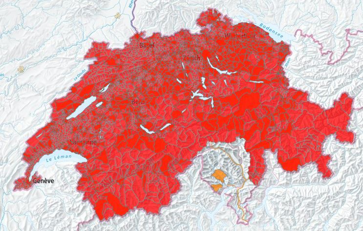 Encéphalite à tiques en Suisse: en rouge, régions où la vaccination est recommandée