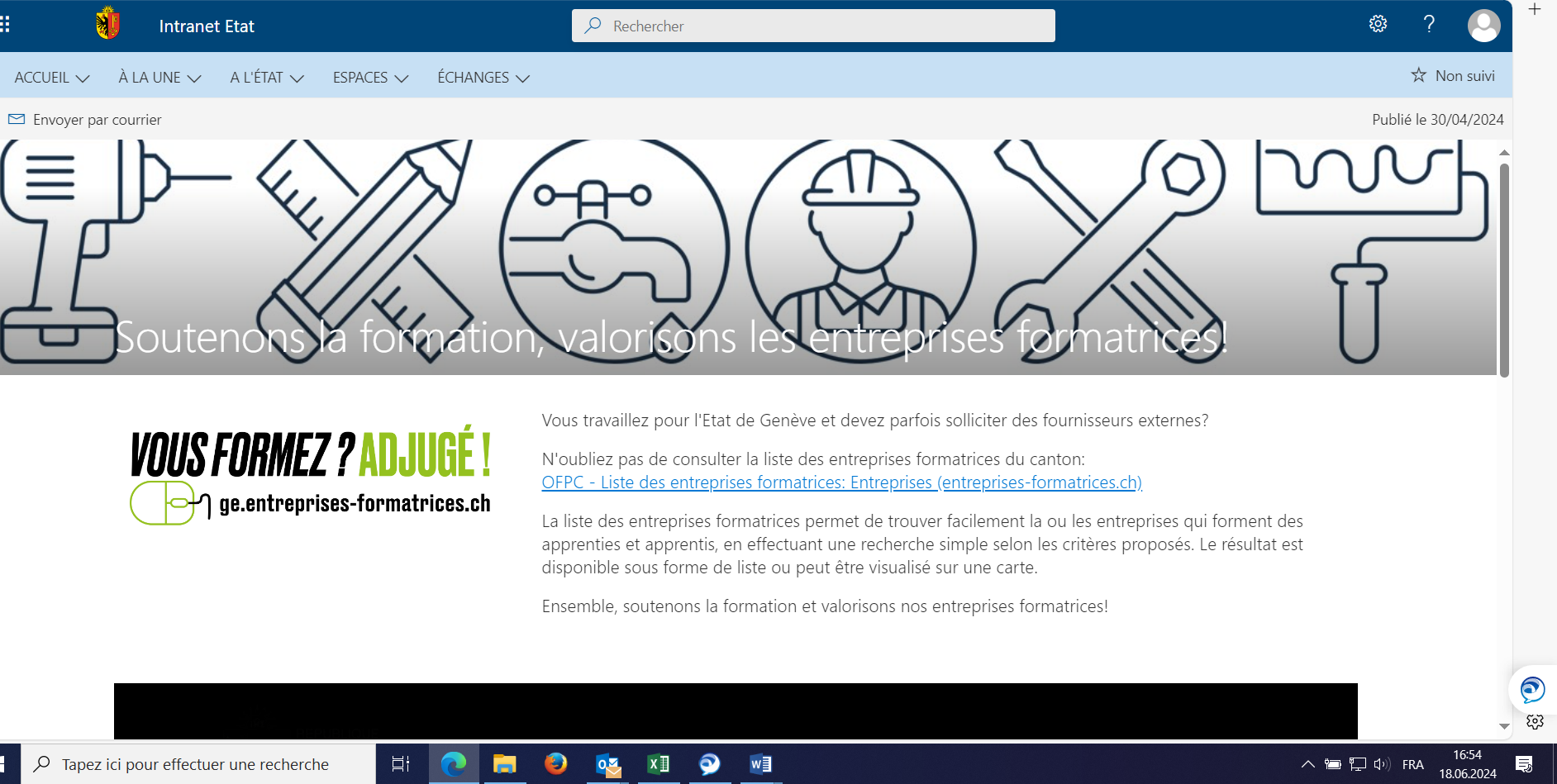 Article sur l'intranet concernant les entreprises formatrices