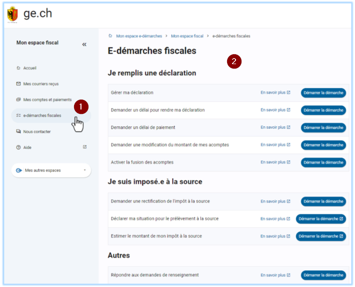 Copie d'écran du menu d'accès à la liste des e-démarches fiscales