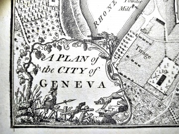 Le loup, associé à Genève sur une illustration d'un plan de ville publié en Angleterre en 1800, fidèle aux représentations inquiétantes de l'époque.